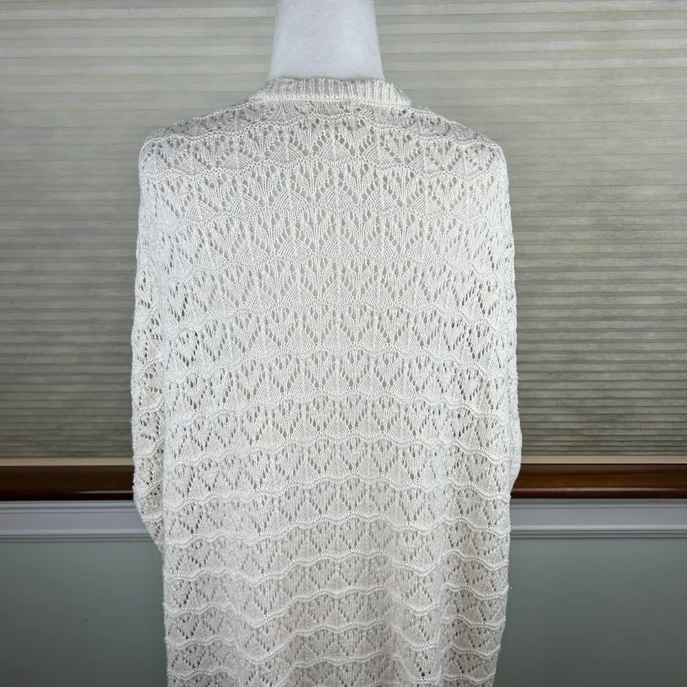 LA Hearts Cotton Linen Crochet Open Knit Open Front Longline Fringed Cardigan